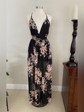 Mind Code Black Dress with Pink and Cream flowers